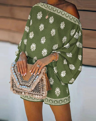 Sett Kvinner 2 Deler Antrekk Boho Topp Og Shorts