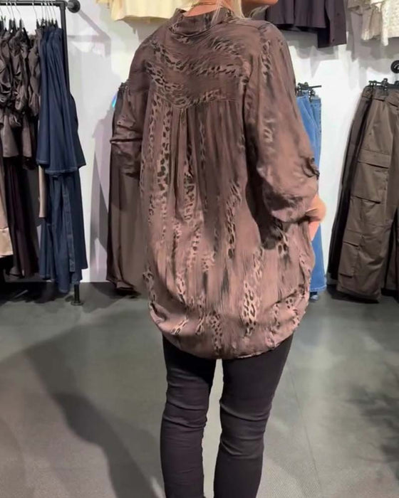 Bluse V-Hals Knapp Foran Leopard Trykk Avslappet