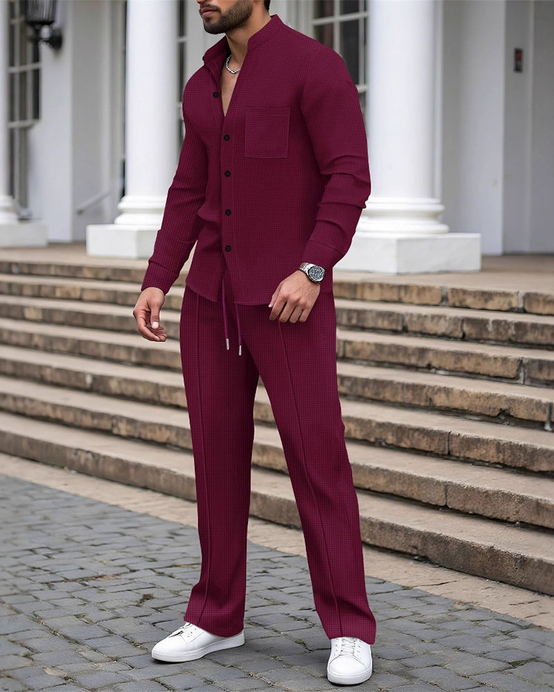 Herre Todelt Casual Vaffel Skjorte Bukse Sett