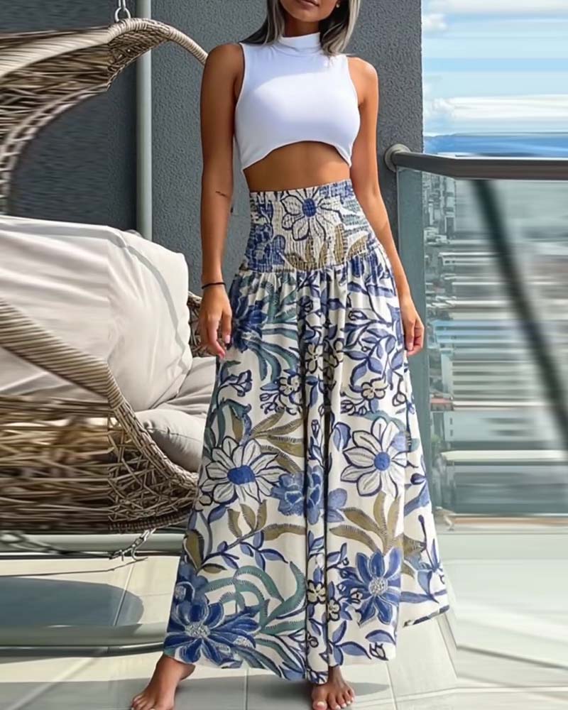 Bukse Høy Midje Blomstret Trykk Strikk I Midjen Bredt Ben