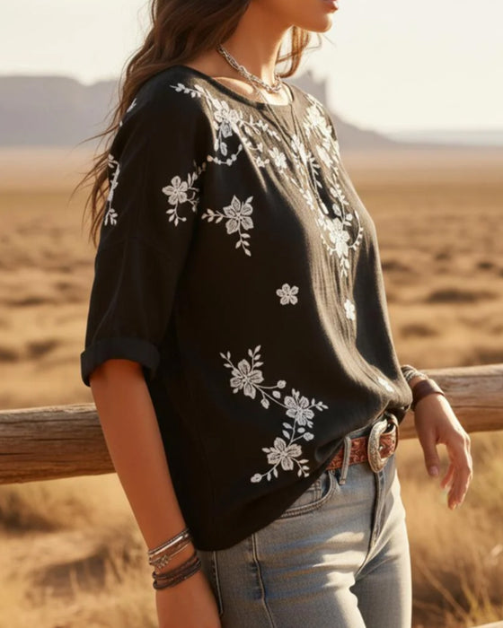 Bluse Rund Hals Drop Skulder Løs Blomstret