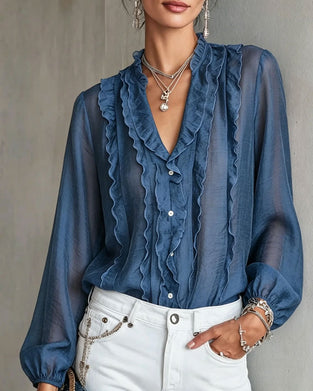 Bluse V-Hals Knapp Ruffle