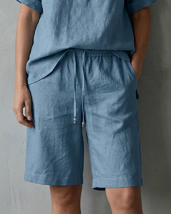 To-Delt Sett Henley Neck Kort Erm Og Snøre Fem-Punkts Brede Ben Bukser