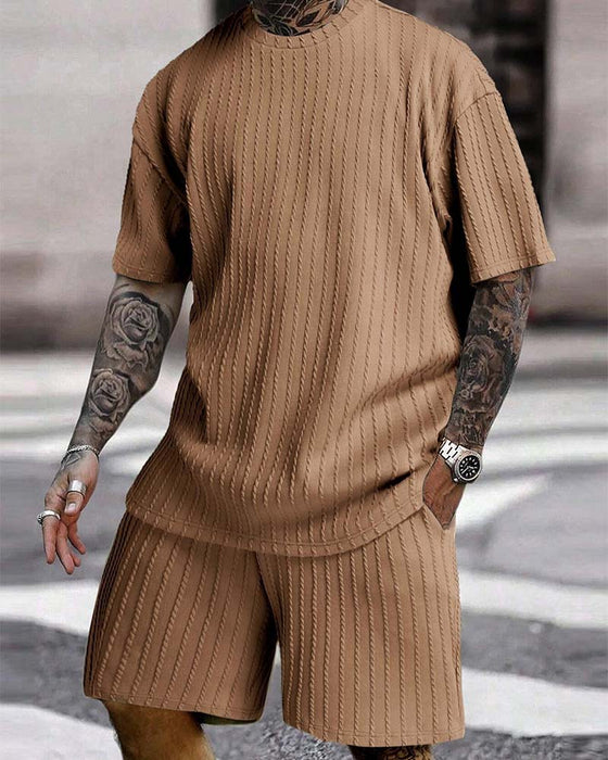 Herres Stripet T-Shirt Og Shorts Toedelt Set