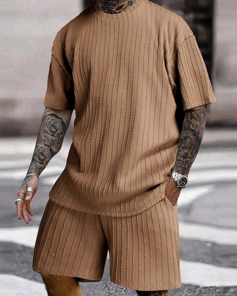 Herres Stripet T-Shirt Og Shorts Toedelt Set