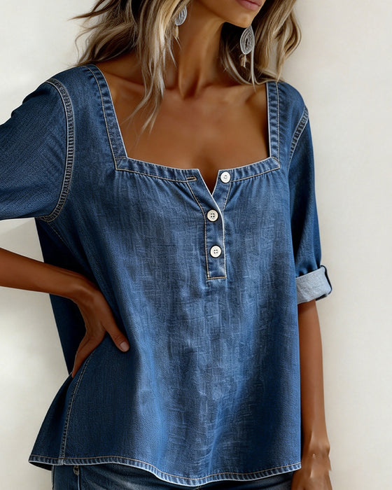 Skjorte Firkantet Hals Denim Halv Erme