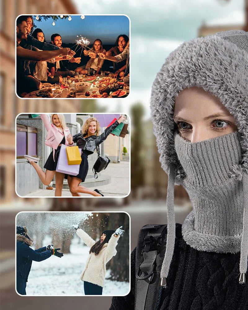 🔥Stilig Tykkstrikket Vinterlue – Med Varmt Ansiktsskjold Og Skjerf🧣