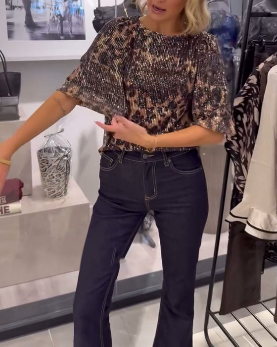 Bluse Med Lanterneermer Paljetter Leopardmønster