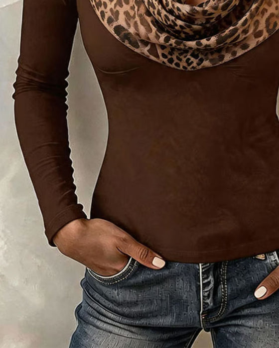 Topp Cowl Neck Leopard Lappeteppe Tettsittende