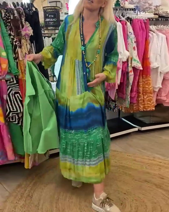 Trykt uformelt V-hals lang kjole med flare ermer