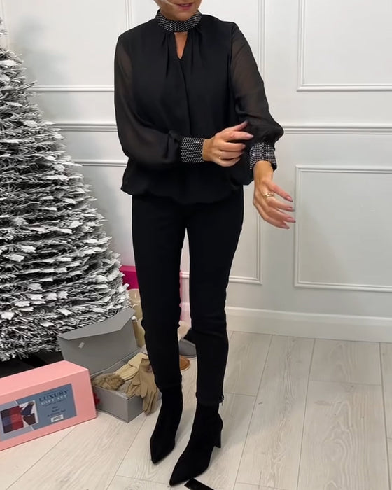 Mote ensfarget bluse med stativ krage patchwork og hul