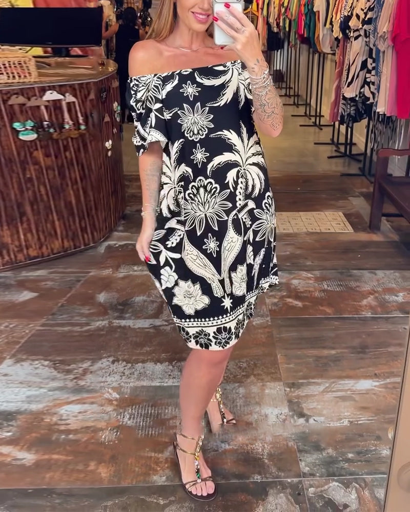 Kjole Bred Krage Rett Halsringning Trykt