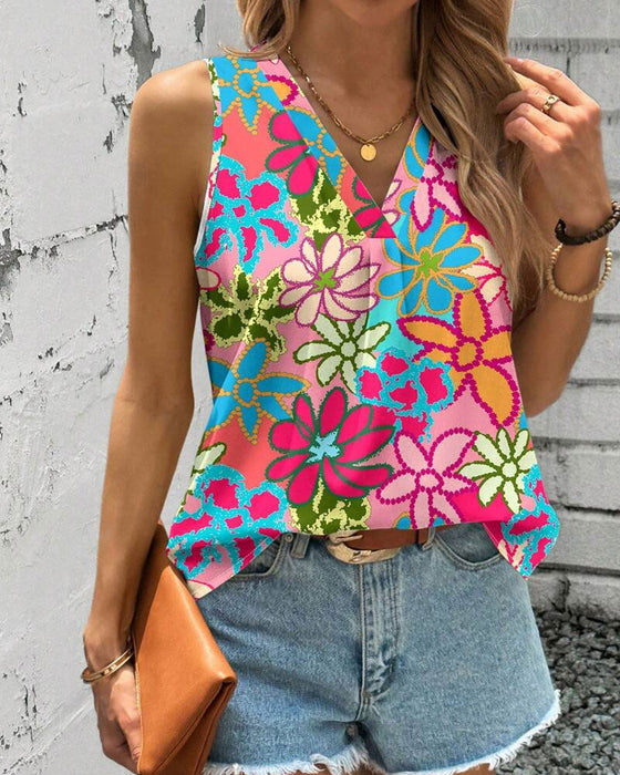 Vest V-hals Blomstermønster Ermeløs