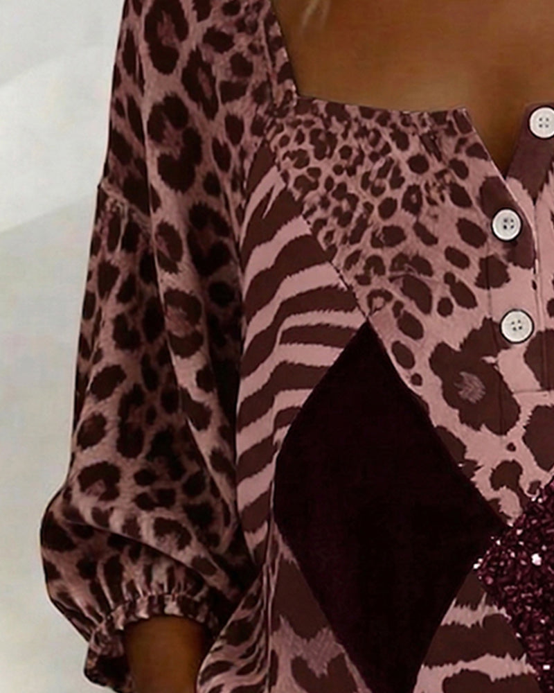 Bluse Firkantet Hals Leopardmønster Lappeteppe Paljett