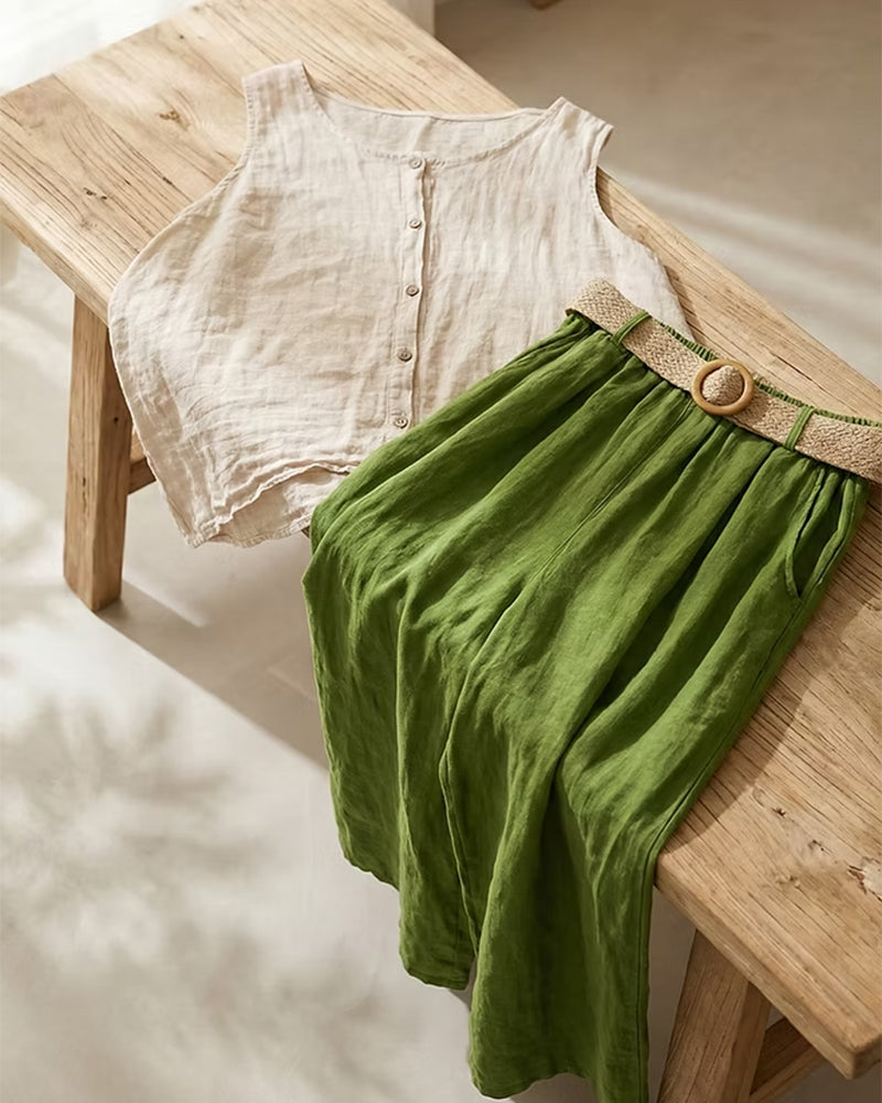 Sett Med Ermeløs Topp I Bomull Og Lin Avslappet