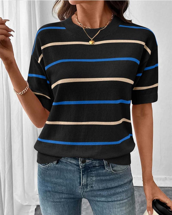 Pullover Stripe Kontrastfarge Kortsermet Strikket