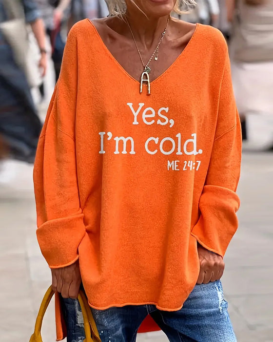 Genser V-hals Bokstavtrykk Løs Casual