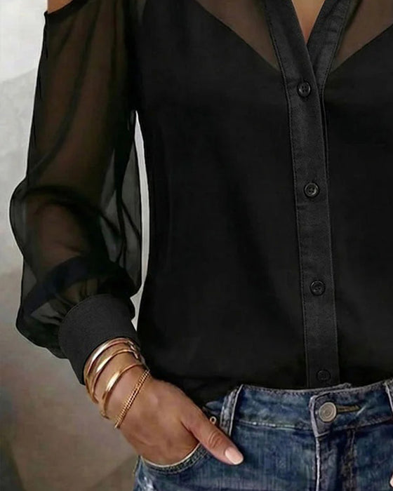 To Deler Set Krage Naken Skulder Gjennomsiktig Bluse Linne