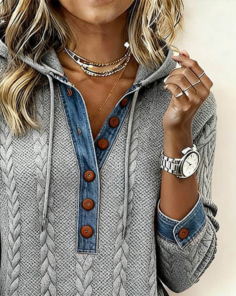 Fargeblokkert Langermet Hettegenser Med Knapper