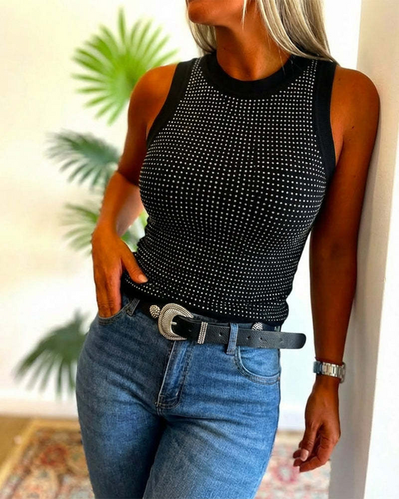 Tanktopp Ensfarget Ribbet Strass Tettsittende