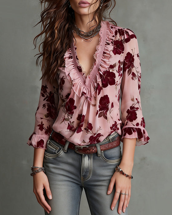 Bluse Rysje V-hals Rose Trykk