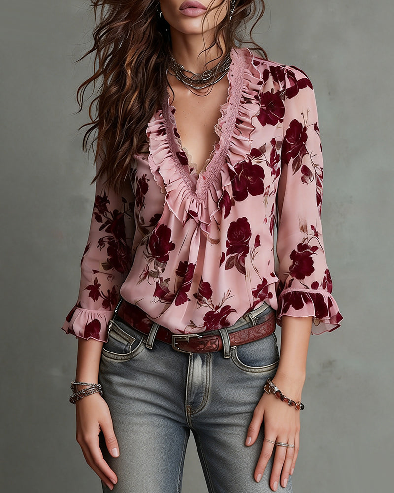 Bluse Rysje V-hals Rose Trykk