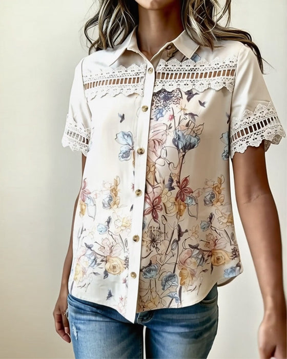 Skjorte Blomstret Blonde Lappeteppe Kort Erme