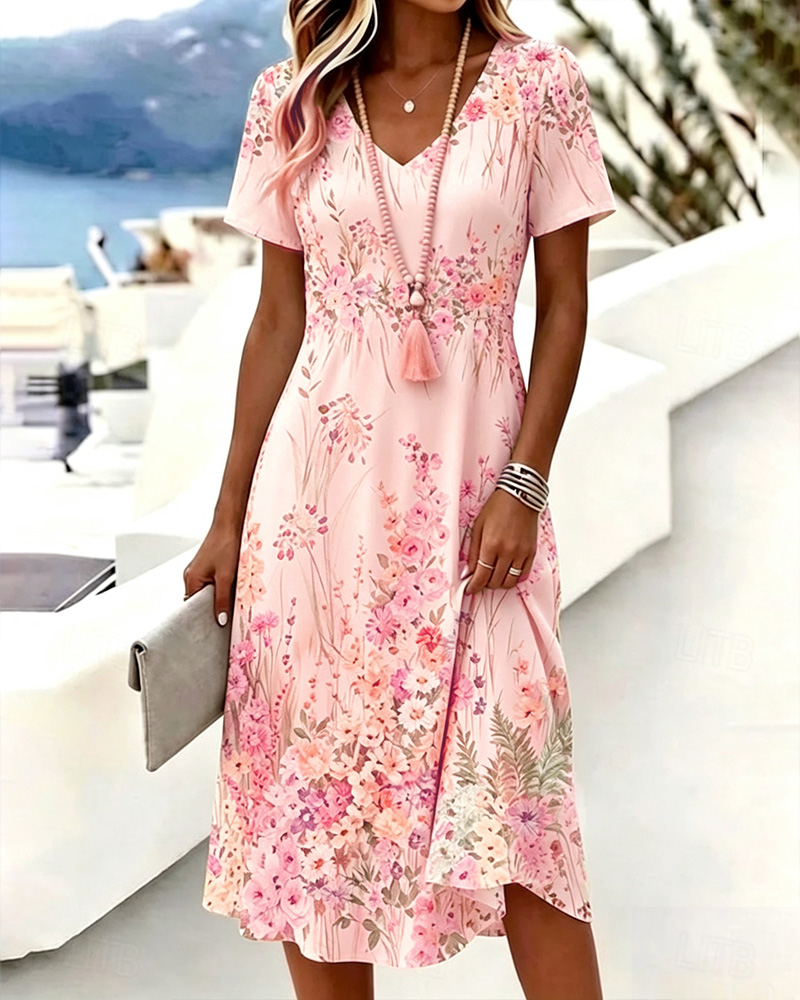 Kjole V-Hals Blomstret Kort Erme A-Linje
