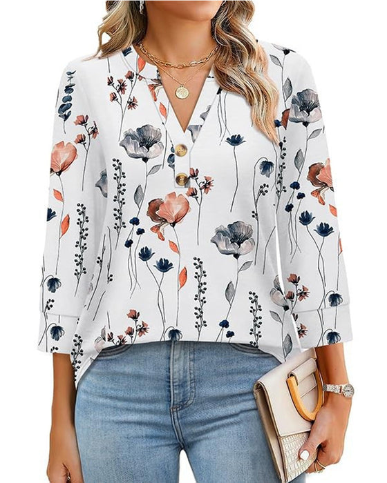 Bluse V-Hals Knappet Trekvart Erme