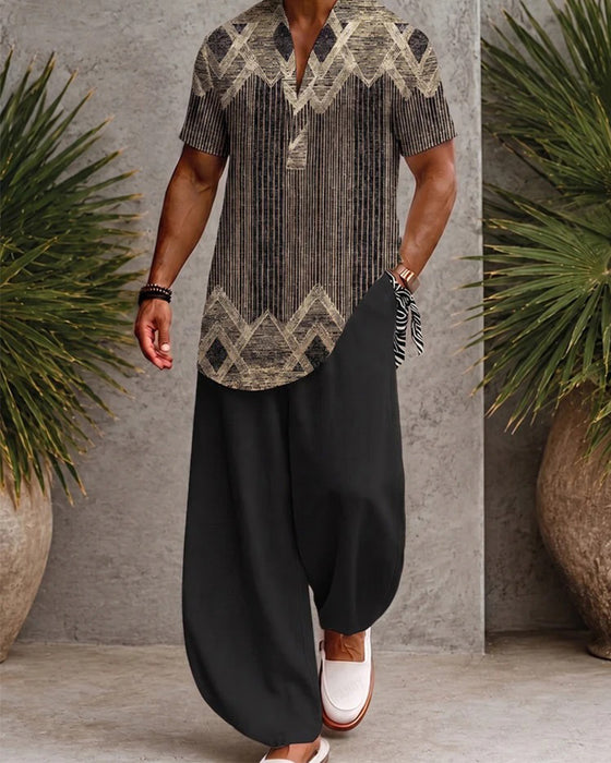 Bluse V-Hals Stripet Menn Kort Erme