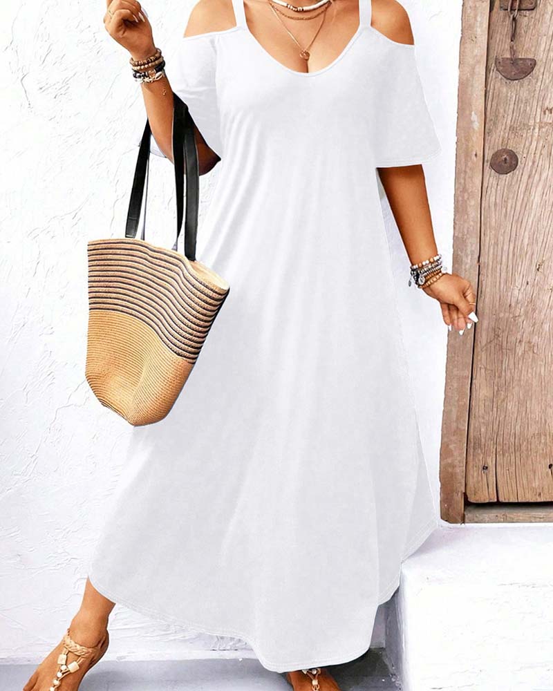Kjole Ensfarget V-Utringning Off-Shoulder Lang