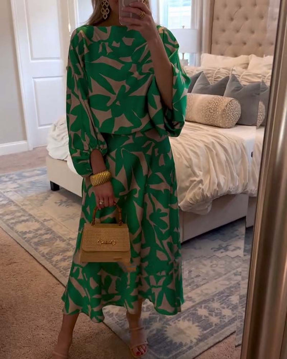 Sett Kjole Avslappet Trykt Lykt Ermer Temperament