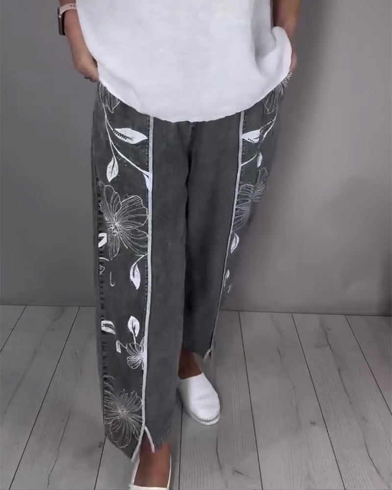 Jeans Blomstret Trykk Nedslitt