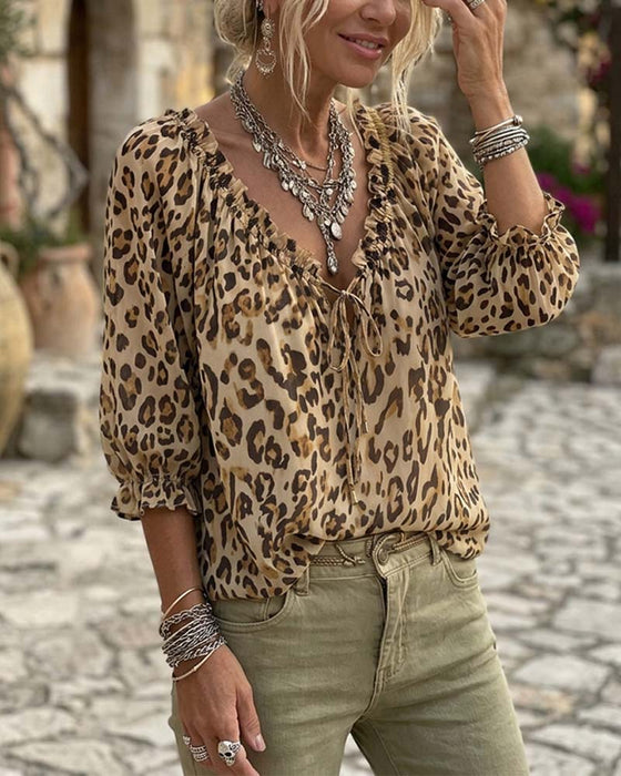 Bluse Leopardmønster V-Hals Pufferme Snøring