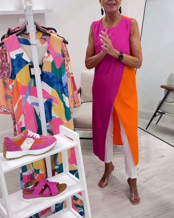 Bluse Uten Ermer Kontrastfarge Splitt Lang