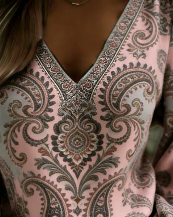 Bluse Paisley Mønster V-Hals Lykt Erme