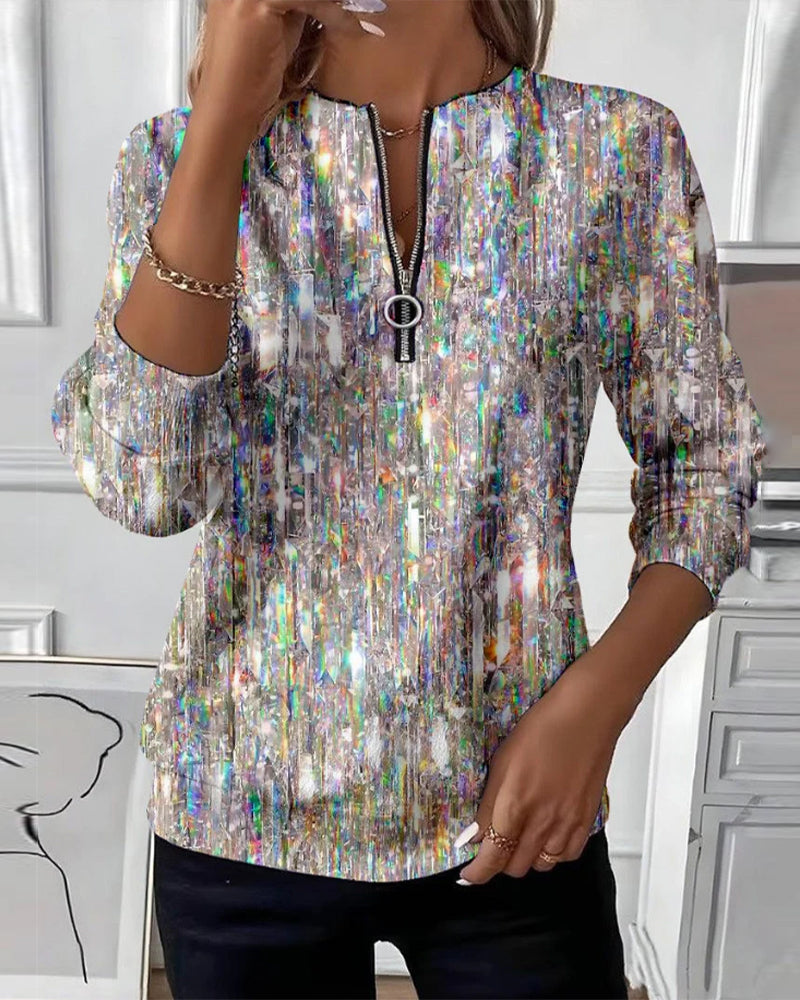 Trykket Langermet Sweatshirt Med Halvglidelås