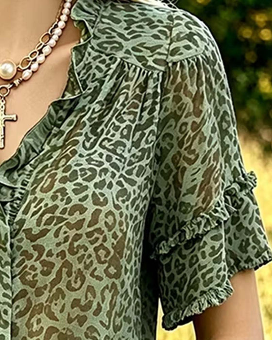 Bluse Grøntones Leopard Trykk Ruffle