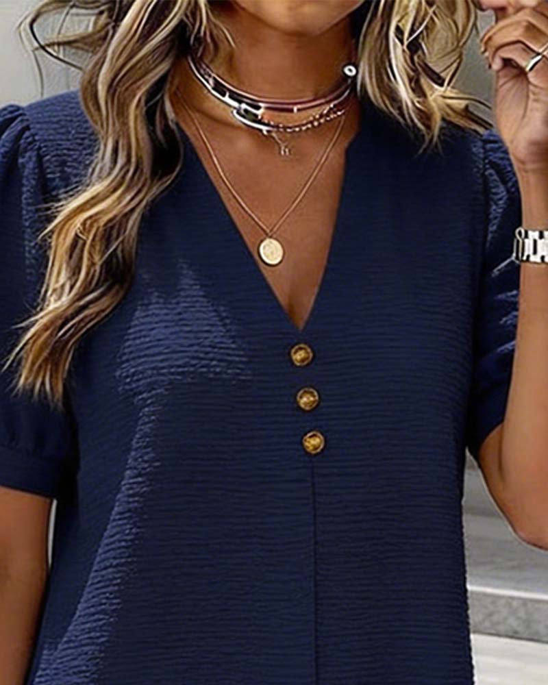 Kjole Boble Erme V-Hals Knapp