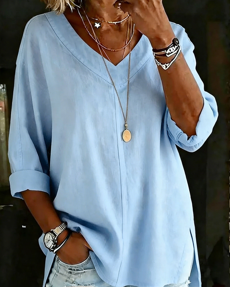 Topp 100% Bomull V-Hals Trekvart Erme Splitt