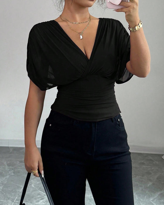 Bluse Solid Farge Dyp V-Hals Midje Kort Erme