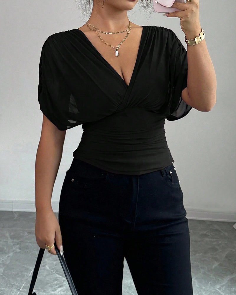 Bluse Solid Farge Dyp V-Hals Midje Kort Erme
