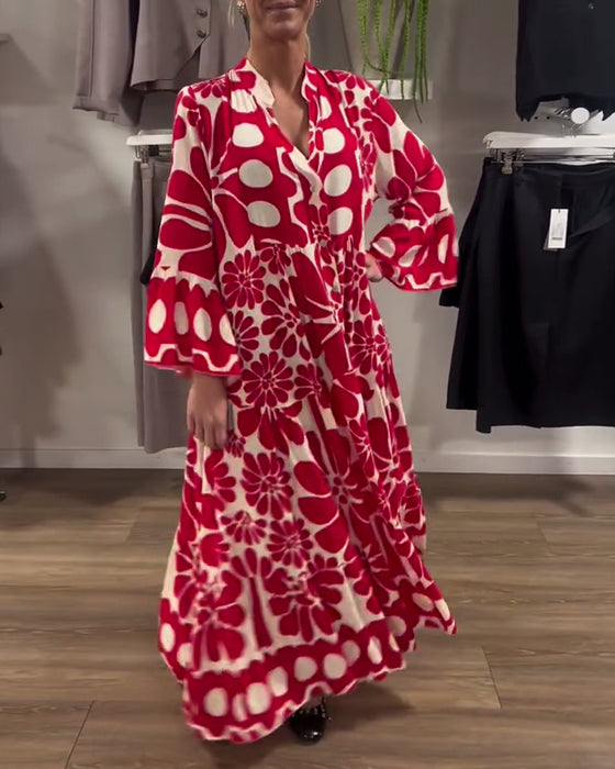 Kjole V-Hals Løs Plus Size Med Blomstertrykk