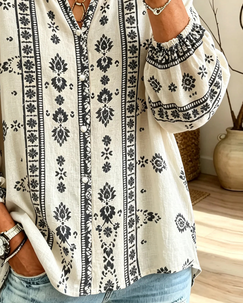 Bluse V-Hals Knipling-Kant Puff-Erme Trykk