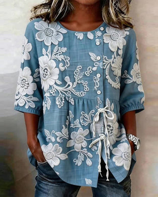 Bluse Med Blomsterprint Snøring Og Halv Knappelukking