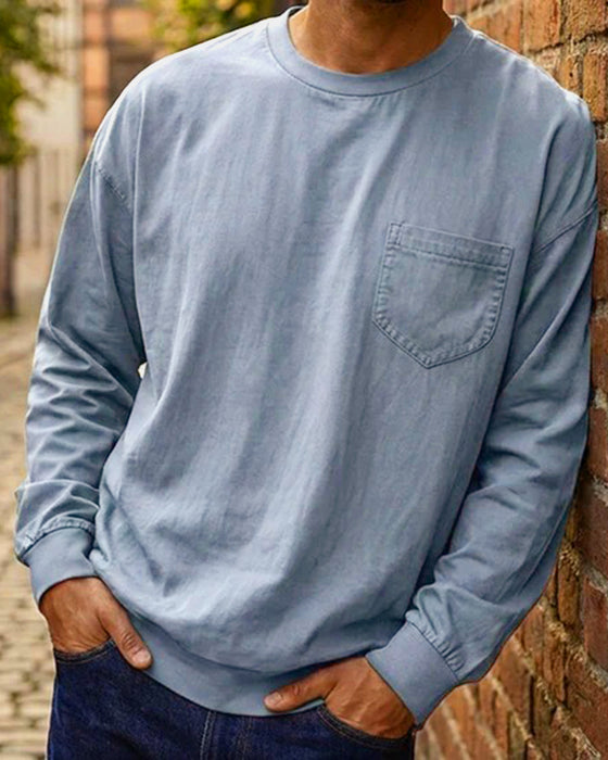Herre T-Shirt Rund Hals Lomme Ensfarget
