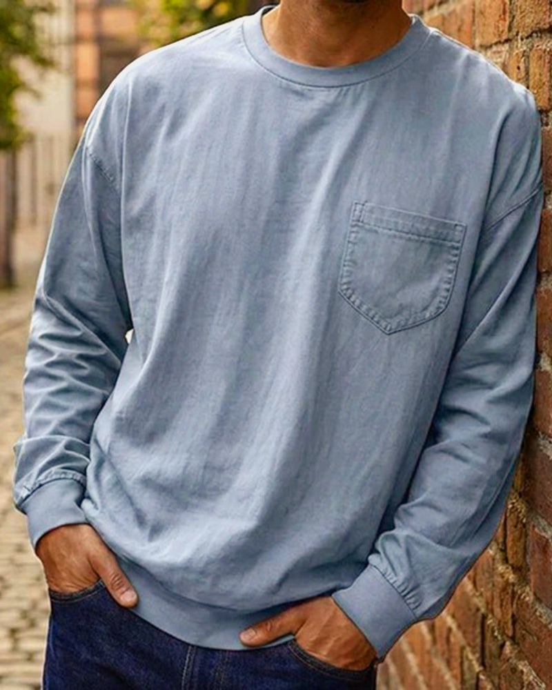 Herre T-Shirt Rund Hals Lomme Ensfarget
