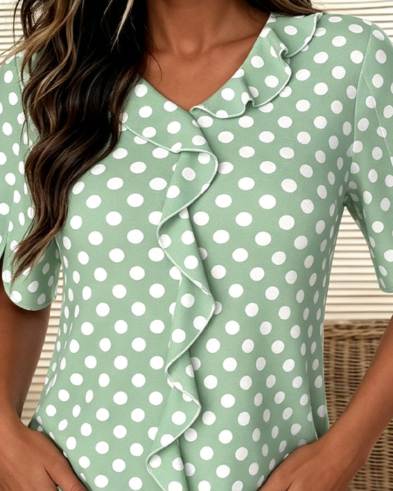 Bluse Prikkete Ruffle V-Hals