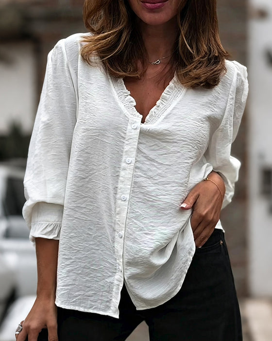 Bluse V-Hals Knapp Foran Ruffle Puffererme