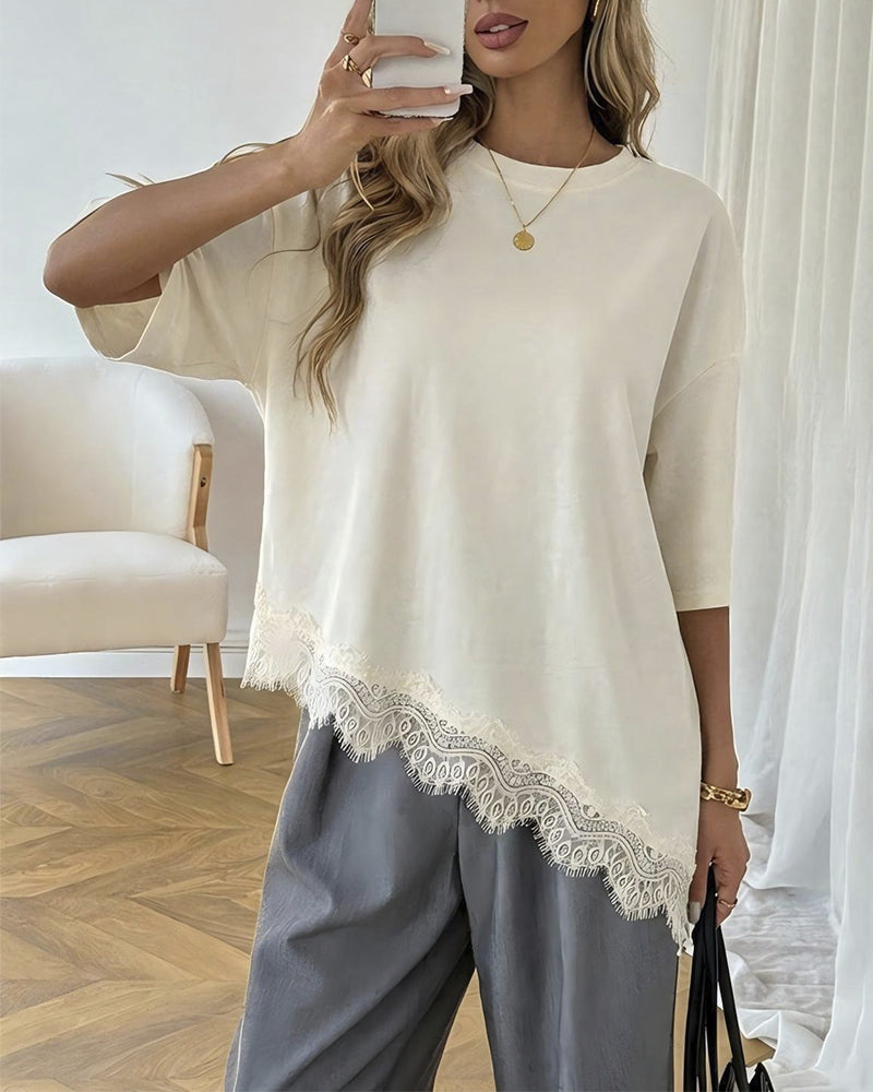 Bluse Asymmetrisk Blonde Sammensatt Kant Kortsermet